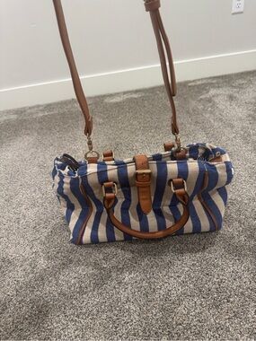 Nila Anthony Blue and Cream Striped Canvas Tote with Brown Trim